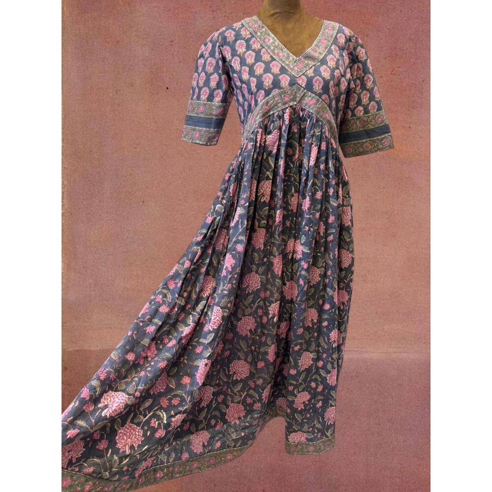 Bohemian Indian Block Print Cotton Festival Feminine Floral Maxi Dress
